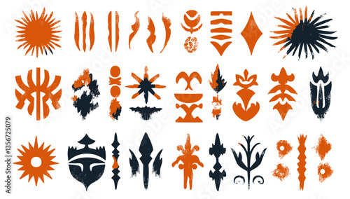 Mystical Markings: A collection of artistic graphic elements in striking orange and blue hues, offering a versatile array of abstract and ornamental designs
