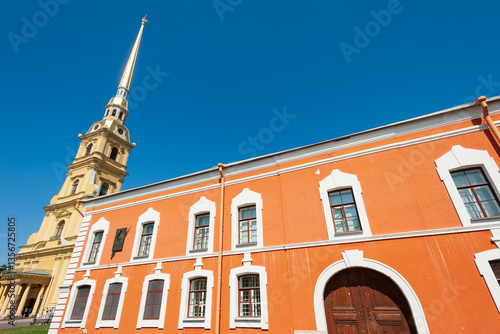 Commandant house and Peter and Paul cathedral and fortress, the oldest landmark in Saint Petersburg, Russia
