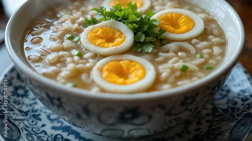 Delicious Steaming Hot Barley Soup with Soft Boiled Eggs and Fresh Herbs in Bowl Delicious Steaming Hot Barley Soup with Soft Boiled Eggs and Fresh Herbs in Bowl