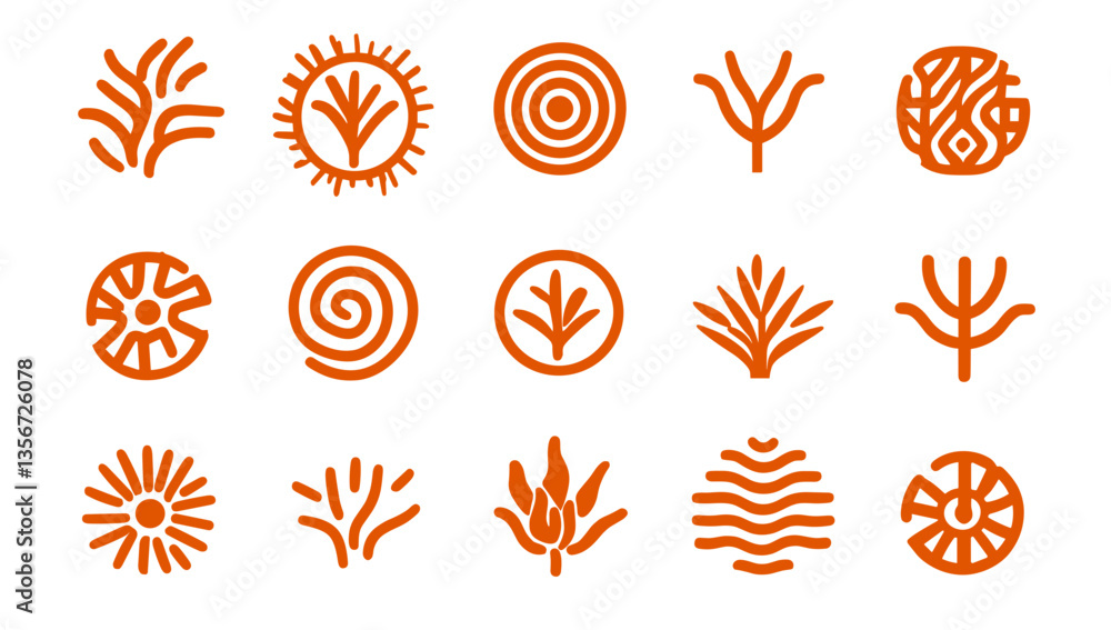 Ornate Vector Icons: A collection of meticulously designed orange-colored vector icons, showcasing a diverse array of artistic patterns and symmetrical designs. Ornate Vector Icons: A collection of meticulously designed orange-colored vector icons, showcasing a diverse array of artistic patterns and symmetrical designs.