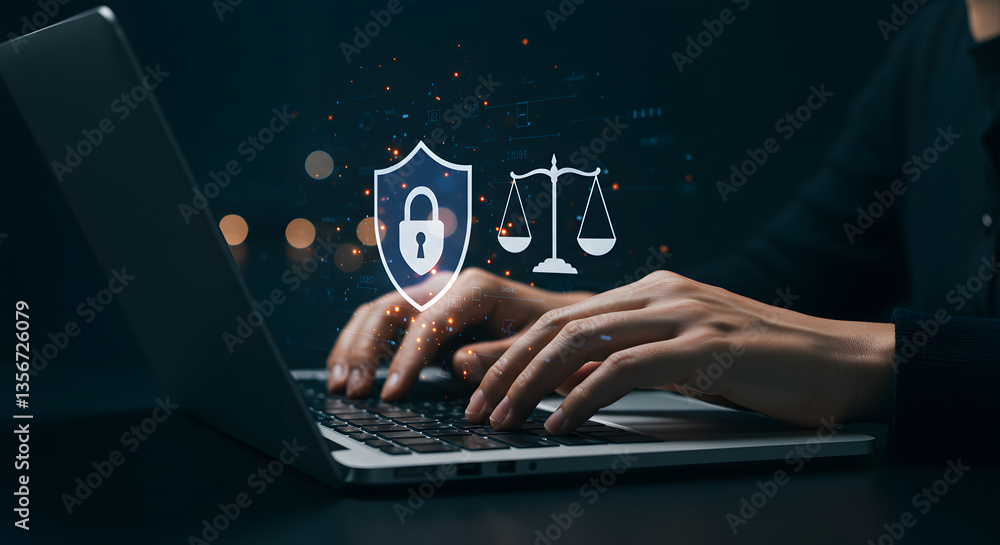Naklejka premium Hands typing on laptop with justice scale icon hologram overlay on blue background.
