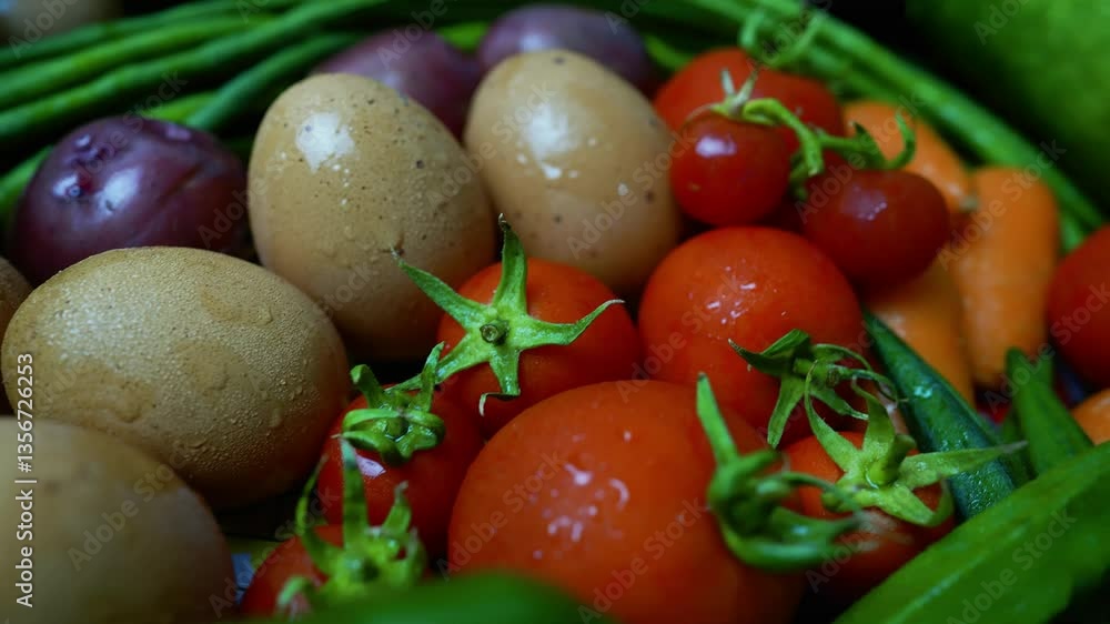 Fresh Organic Vegetables Close-Up Shot, A close-up of fresh vegetables including tomatoes, potatoes, carrots, and green beans Fresh Organic Vegetables Close-Up Shot, A close-up of fresh vegetables including tomatoes, potatoes, carrots, and green beans