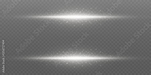 Set of white flashes of light. Horizontal line explosion.