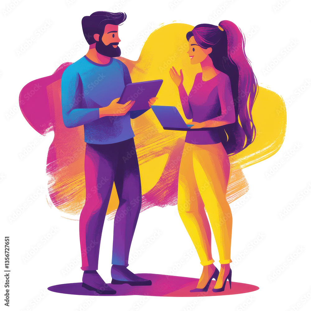 Man and woman collaborating on laptop and tablet digital illustration vibrant colors teamwork isolated on transparent background Man and woman collaborating on laptop and tablet digital illustration vibrant colors teamwork isolated on transparent background