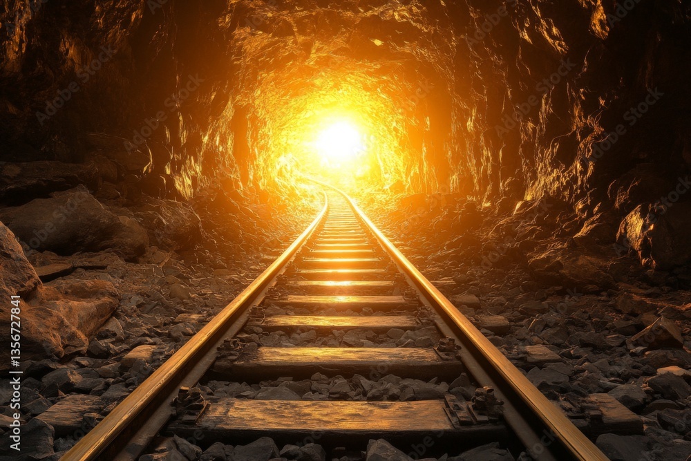 Naklejka premium Railway tracks extend into a glowing tunnel at sunset showing a bright light in a mountainous landscape