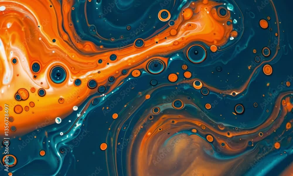 Abstract fluid art featuring orange and blue swirls with bubble like circles throughout image Abstract fluid art featuring orange and blue swirls with bubble like circles throughout image