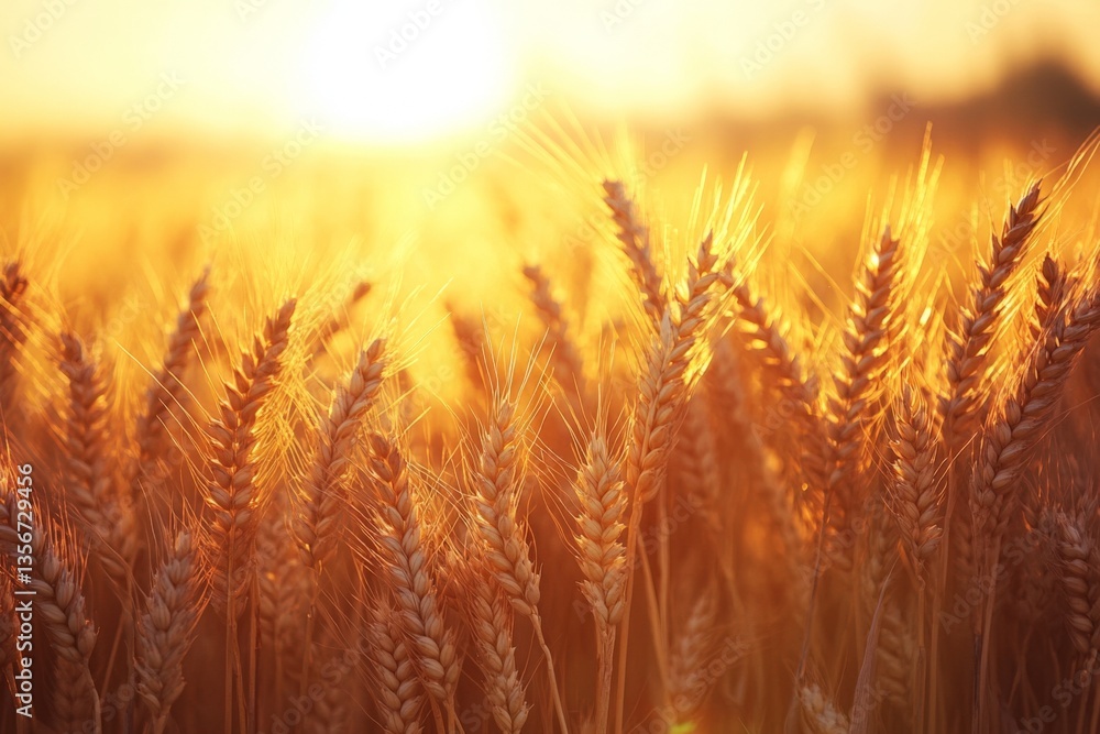 Golden wheat field swaying gently under the warm sunlight at sunset near rural farmland Golden wheat field swaying gently under the warm sunlight at sunset near rural farmland