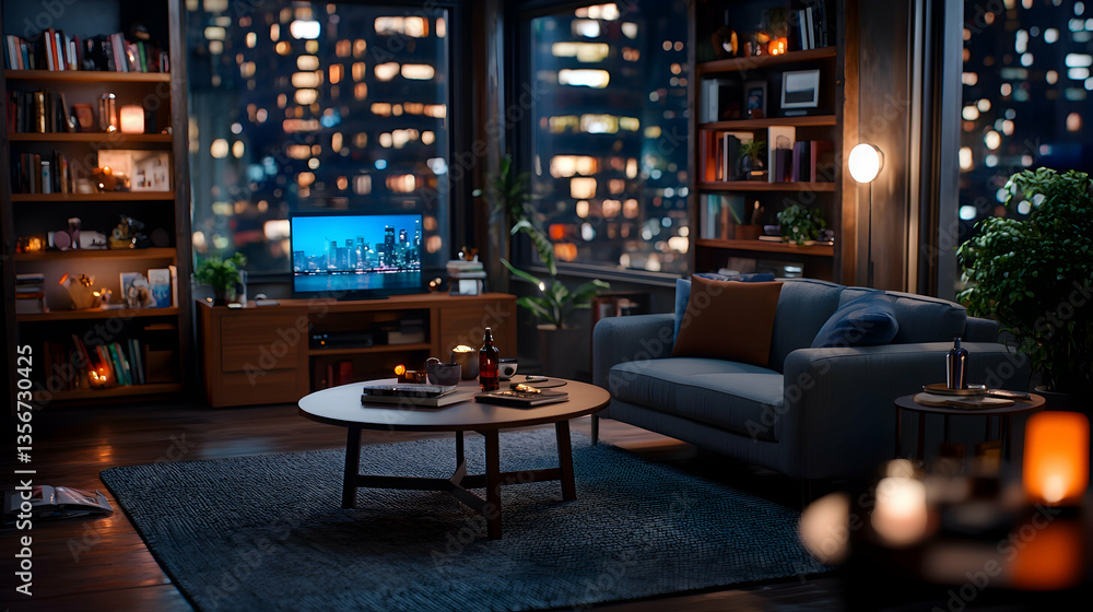 Obraz premium Modern Apartment Living Room at Night with City View