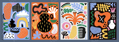 Naive Abstract art posters with textured organic shapes.