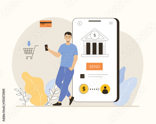 Mobile banking concept. Man makes online payment and doing transaction in phone bank application.  Flat vector illustration.
