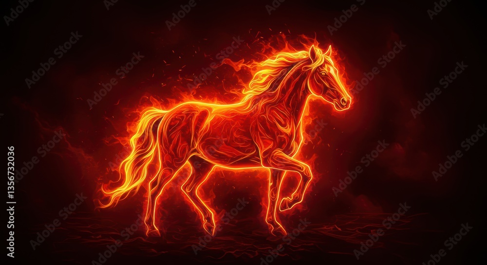 Fiery neon horse illustration with glowing flames and dramatic black background Fiery neon horse illustration with glowing flames and dramatic black background