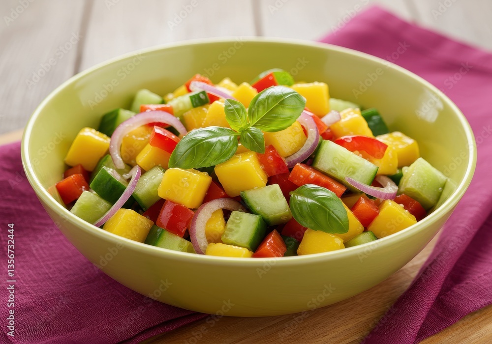 A colorful bowl of tropical mango and cucumber salad, mixed with red bell peppers, fresh basil leaves and slices of red onion A colorful bowl of tropical mango and cucumber salad, mixed with red bell peppers, fresh basil leaves and slices of red onion
