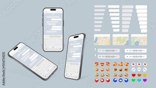 Modern Smartphone UI Template for Social Messaging Apps: Chat App with Dialogues, Cartoon Emojis, Chat Bubbles, Voice Messages, GPS Maps, and Realistic Mobile Design. Vector.