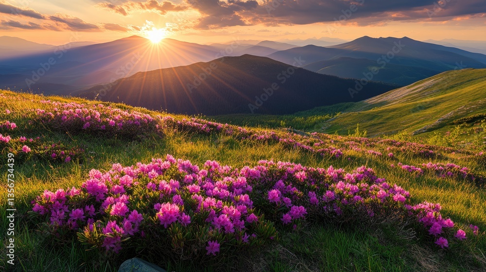Obraz premium Sunset Over a Mountain Meadow with Pink Flowers