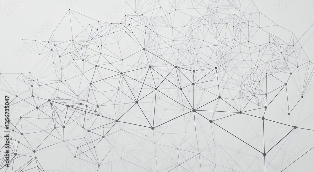 A complex network of interconnected points, forming a web-like structure. These points are connected by lines, creating a mesh of triangles and polygons. The entire composition is set against a white A complex network of interconnected points, forming a web-like structure. These points are connected by lines, creating a mesh of triangles and polygons. The entire composition is set against a white