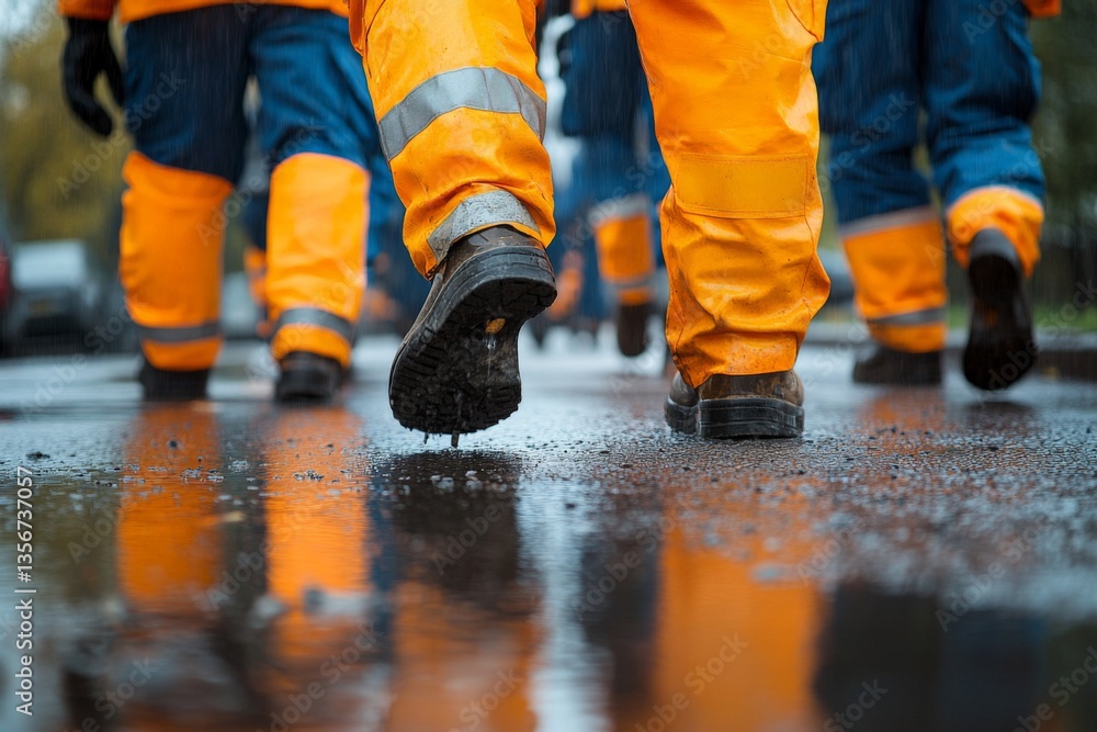 Workers in bright orange rain gear walk on wet pavement during a rainy day in an urban environment Workers in bright orange rain gear walk on wet pavement during a rainy day in an urban environment