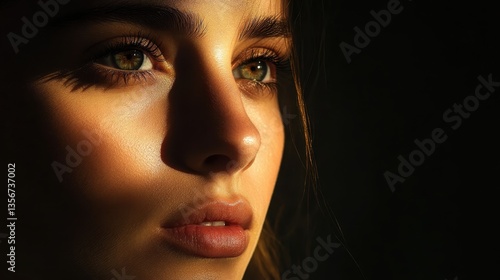 Wallpaper Mural Captivating Gaze: Intimate portrait of a woman, her striking green eyes illuminated by warm light, with a gentle gaze. a study in beauty and expression. Torontodigital.ca