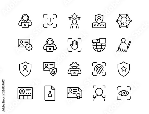 Digital Identity Vector Icon Set | Adjustable Line Weight | Authentication, biometric, fingerprint, face recognition, cybersecurity, privacy, verification, ID card, access, user security