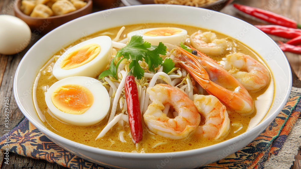 Flavorful Curry Noodles with Rich Garnishes in a Traditional Setting Flavorful Curry Noodles with Rich Garnishes in a Traditional Setting