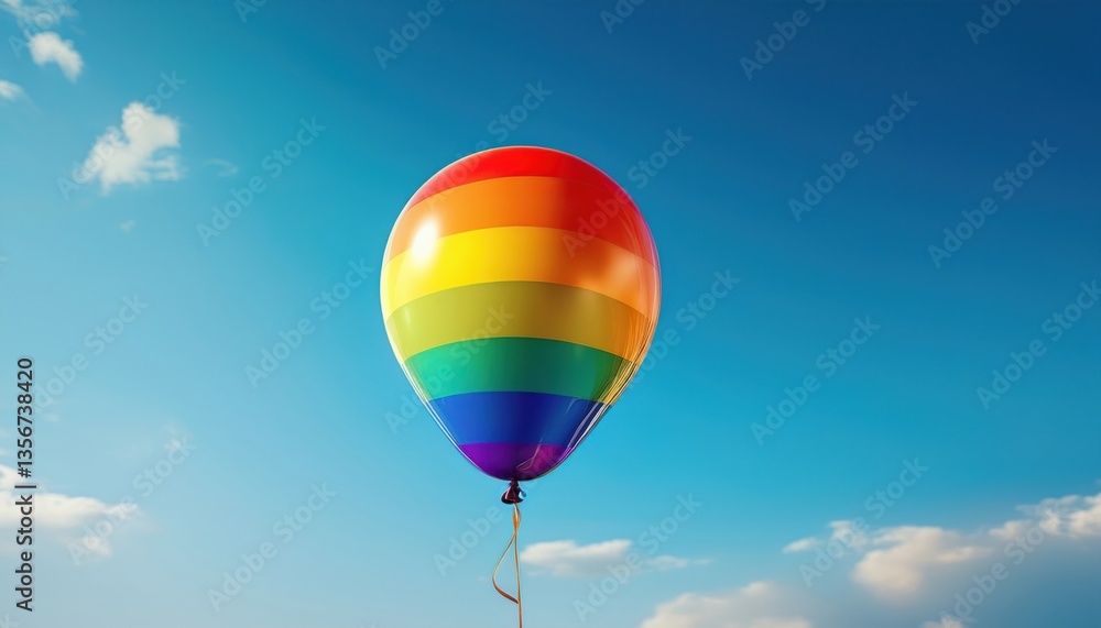 Fototapeta premium A rainbow balloon rises in a clear sky, symbolizing love and diversity at a pride event.