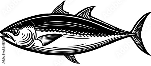 tuna fish in vintage etching style, featuring intricate line work and circular decorative background sketch engraving vector