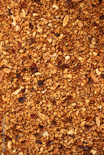 Freshly Baked Honey Granola with Almonds, Walnuts, Seeds, Raisins. Full Frame Granola Background. 