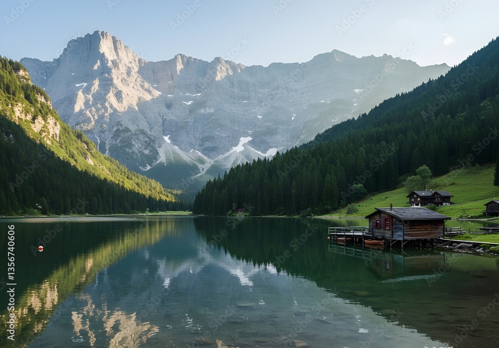Naklejka premium Mountain Landscape with Lake, Cabin, and Forest - Scenic Nature View