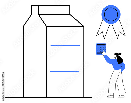 Milk carton with blue lines, ribbon representing quality, and woman in blue checking data on calculator. Ideal for nutrition, quality, dairy product, healthy choices, certification, education