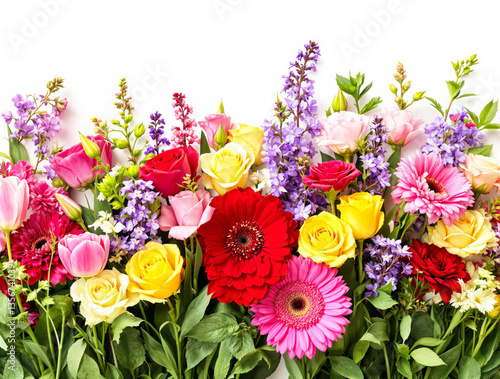 Vibrant assortment of flowers including roses, tulips, and daisies with green leaves on a white background. Creative floral wallpaper concept. Ai generative