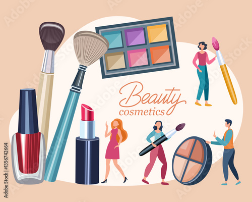 beauty cosmetics people with cosmetic accessories brushes nail polish lipstick eyeshadow doing makeup vector