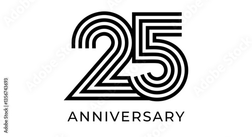 25th anniversary sign, striped geometrical number 25 for greeting card, birthday event design, business marketing materials, wedding jubilee logo. Vector illustration