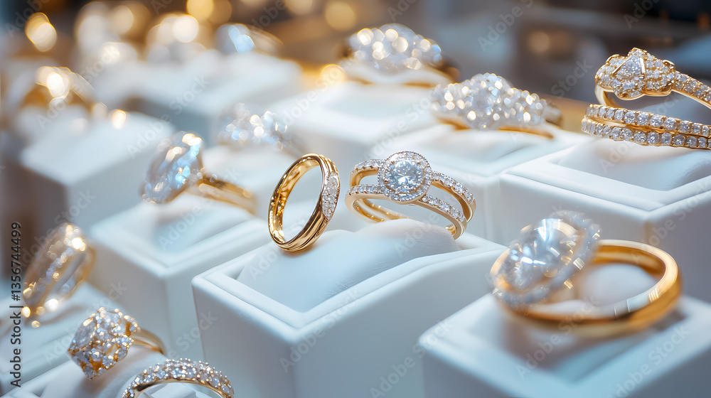 Exquisite Jewelry Showcase: An array of meticulously crafted engagement rings and bands glimmer under the soft glow of ambient lighting, offering a dazzling display of elegance and luxury. Exquisite Jewelry Showcase: An array of meticulously crafted engagement rings and bands glimmer under the soft glow of ambient lighting, offering a dazzling display of elegance and luxury.