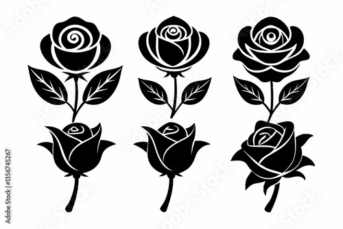 the rose icon set silhouette black vector