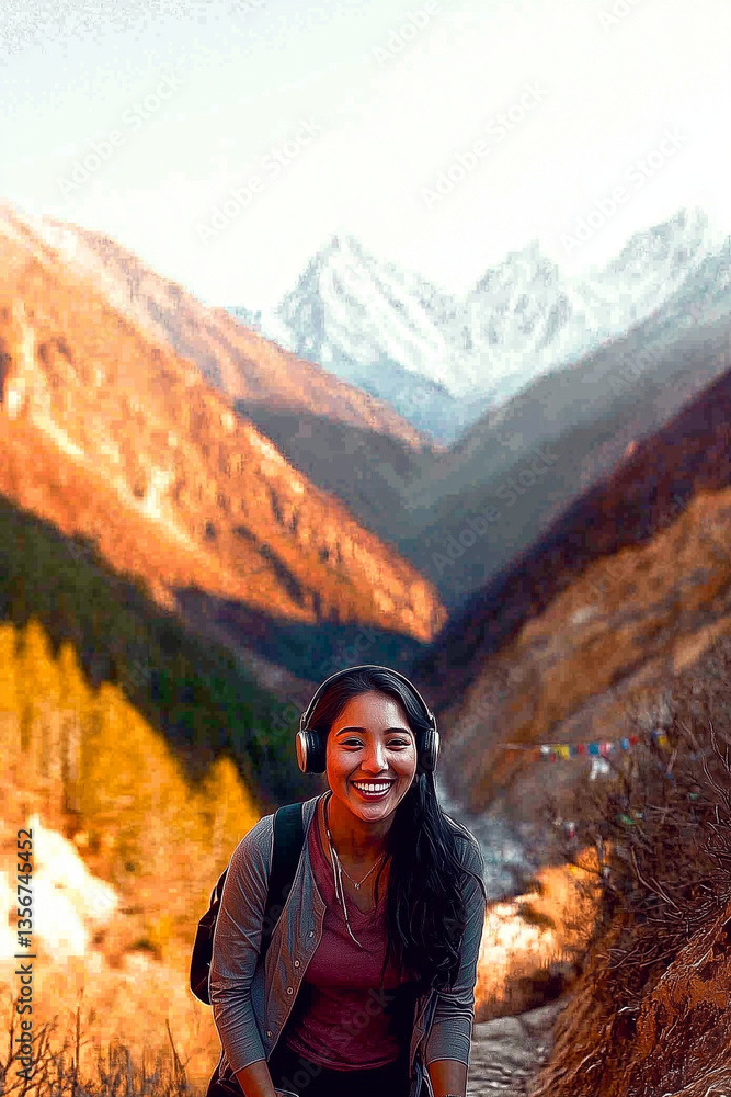 Naklejka premium Nepali Woman with Headphones on Mountain Trail – Mt. Everest Sunrise