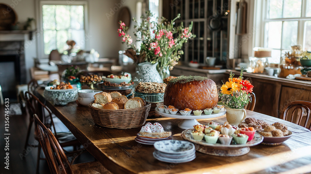 Fototapeta premium Table Filled With Food And Flowers