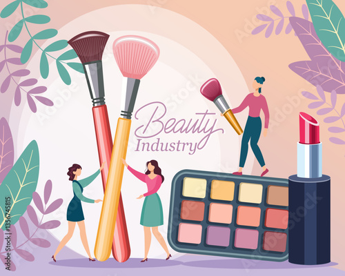 beauty cosmetics people with cosmetic accessories brushes nail polish lipstick eyeshadow doing makeup vector