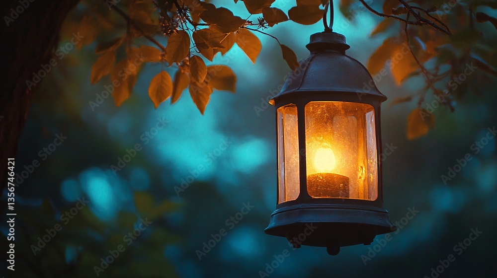 Lantern in the autumn forest with a bokeh background with copy space. Lantern in the autumn forest with a bokeh background with copy space.