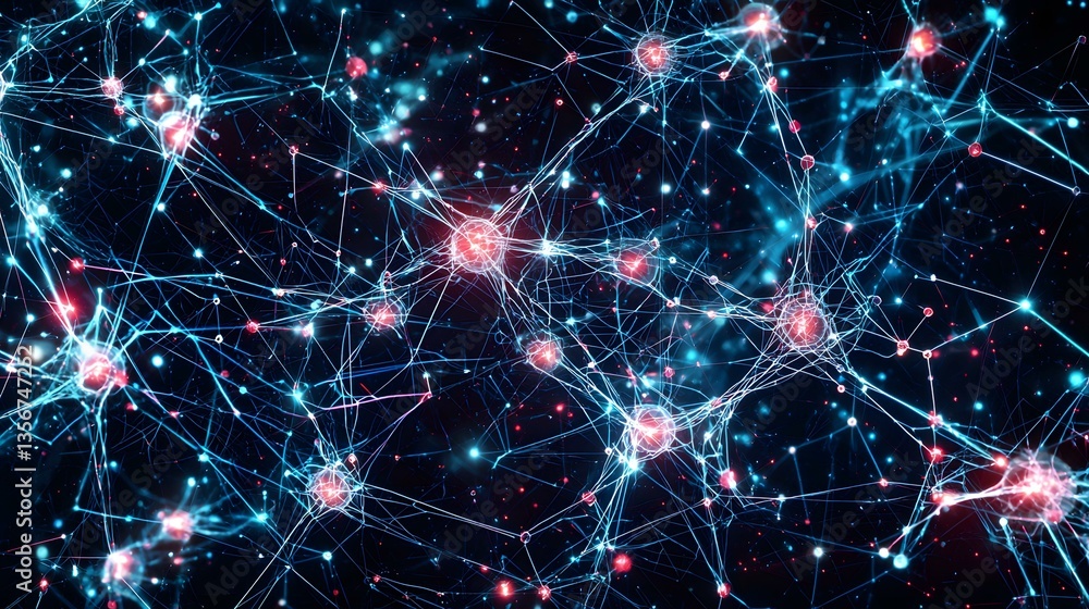The image shows a complex network of interconnected nodes, resembling a neural network or a complex system of communication. The nodes emit a soft glow in shades of blue and red against a dark backg The image shows a complex network of interconnected nodes, resembling a neural network or a complex system of communication. The nodes emit a soft glow in shades of blue and red against a dark backg