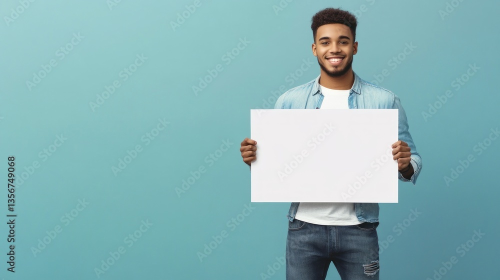 Man holding blank sign against teal background Man holding blank sign against teal background