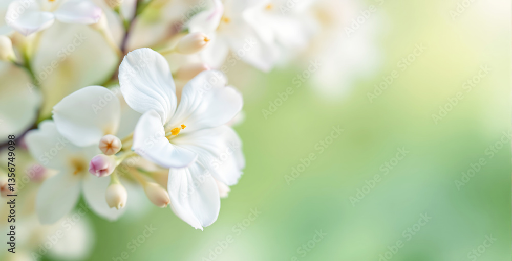White blossoms with soft petals and buds on a blurred green background. Macro close-up shot with natural light. Floral nature wallpaper. Ai generative White blossoms with soft petals and buds on a blurred green background. Macro close-up shot with natural light. Floral nature wallpaper. Ai generative