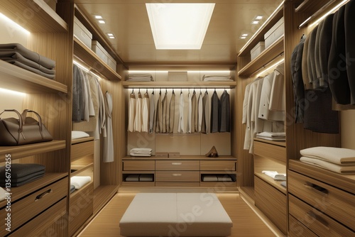 Walk in closet interior modern wooden design illuminated storage system for clothes and accessories