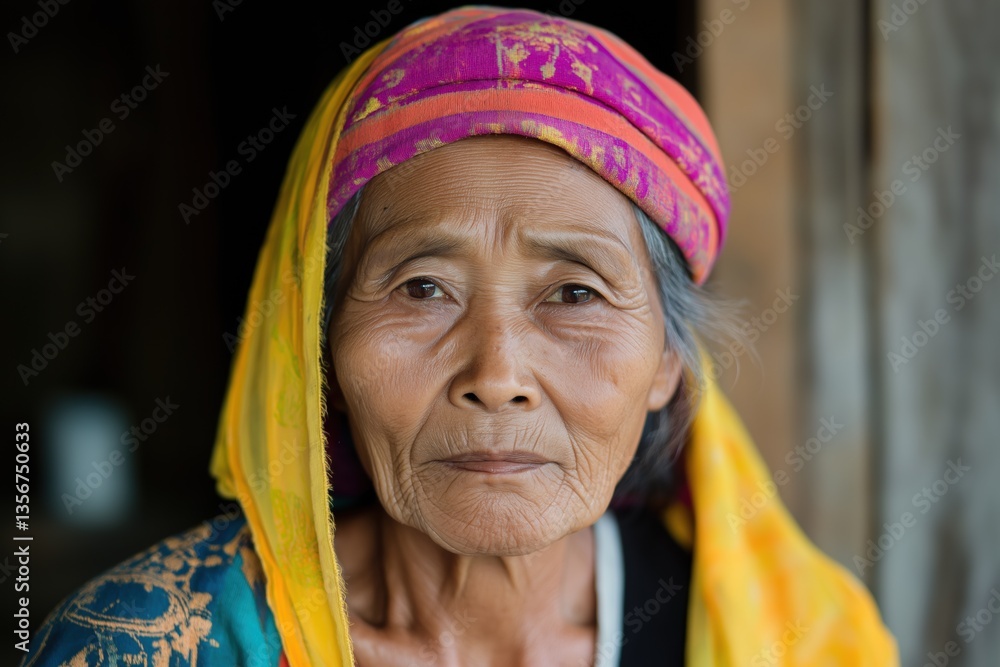 A woman wearing a colorful scarf and a yellow head scarf. She has a serious expression on her face A woman wearing a colorful scarf and a yellow head scarf. She has a serious expression on her face