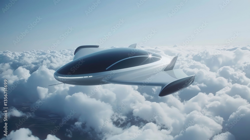Futuristic flying vehicle soaring above fluffy clouds, showcasing advanced aerodynamics and technology Futuristic flying vehicle soaring above fluffy clouds, showcasing advanced aerodynamics and technology