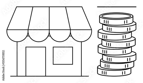 Retail shop with awning next to stacked coins symbolizing commerce, savings, profit, sales growth, entrepreneurship, small business, and investment. Ideal for financial growth and business ideas in