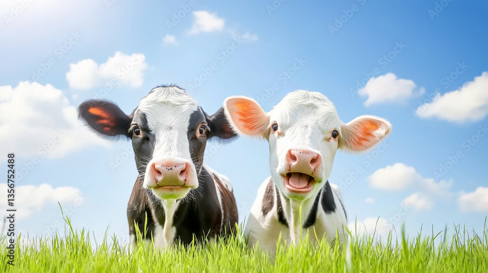 Fototapeta premium Happy Cows in Green Pasture Under Blue Sky