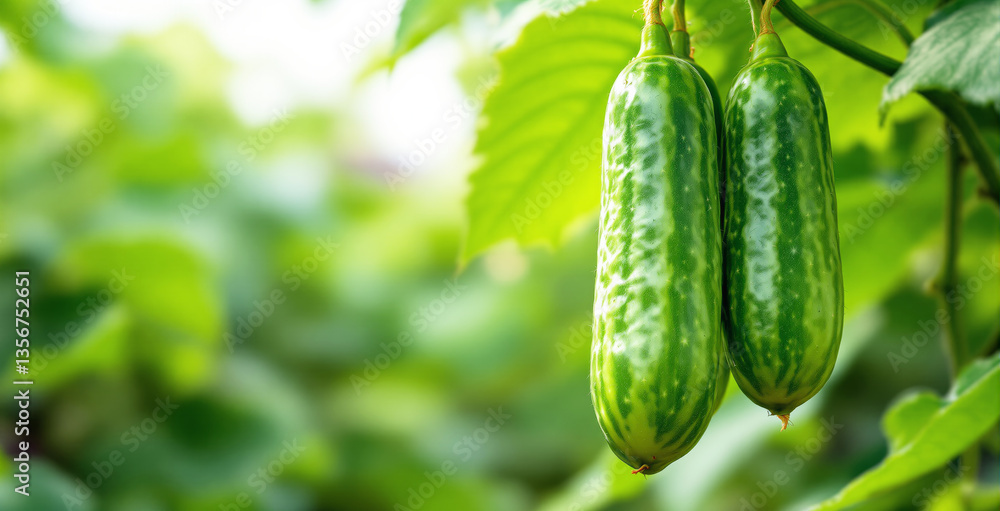 Two fresh green cucumbers hanging from a vine with vibrant leaves in a natural garden setting. Blurred green background. Organic farming concept. Ai generative Two fresh green cucumbers hanging from a vine with vibrant leaves in a natural garden setting. Blurred green background. Organic farming concept. Ai generative