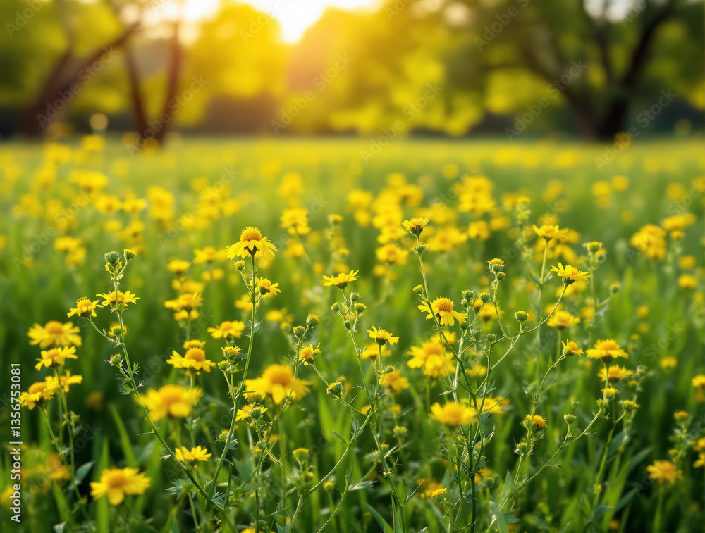 Bright yellow wildflowers in a green meadow with sunlight filtering through trees in the background. A natural summer landscape wallpaper. Ai generative Bright yellow wildflowers in a green meadow with sunlight filtering through trees in the background. A natural summer landscape wallpaper. Ai generative