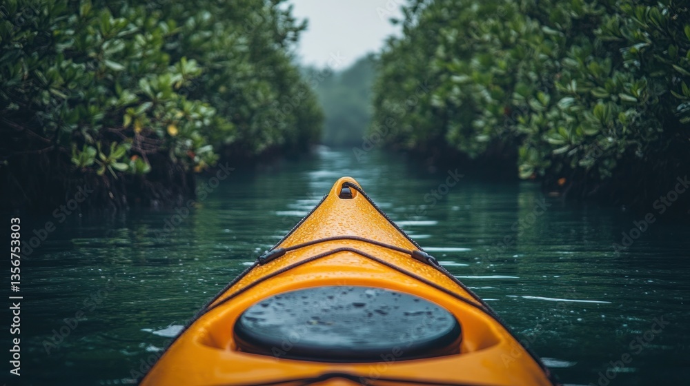 Fototapeta premium Kayaking through mangrove forest waterway on a rainy day