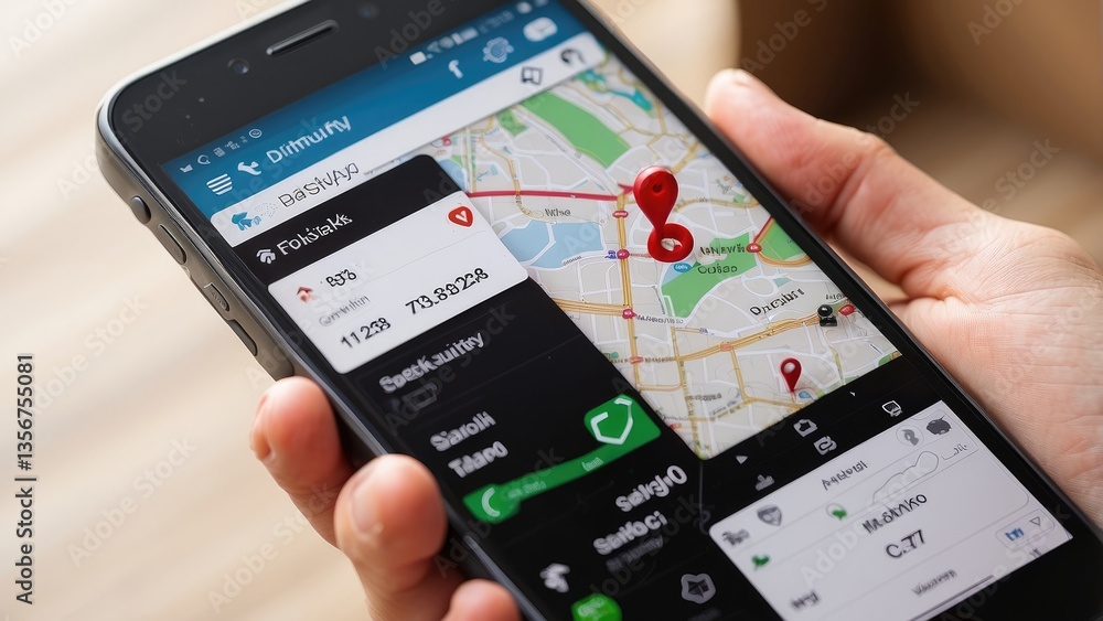 A smartphone displaying the words Delivery tracking with a shopping cart icon is placed on a wooden desk.