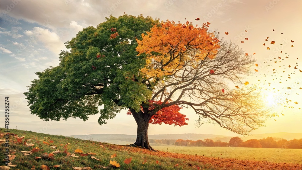 Naklejka premium Tree with half green and half red leaves symbolizing seasonal transition